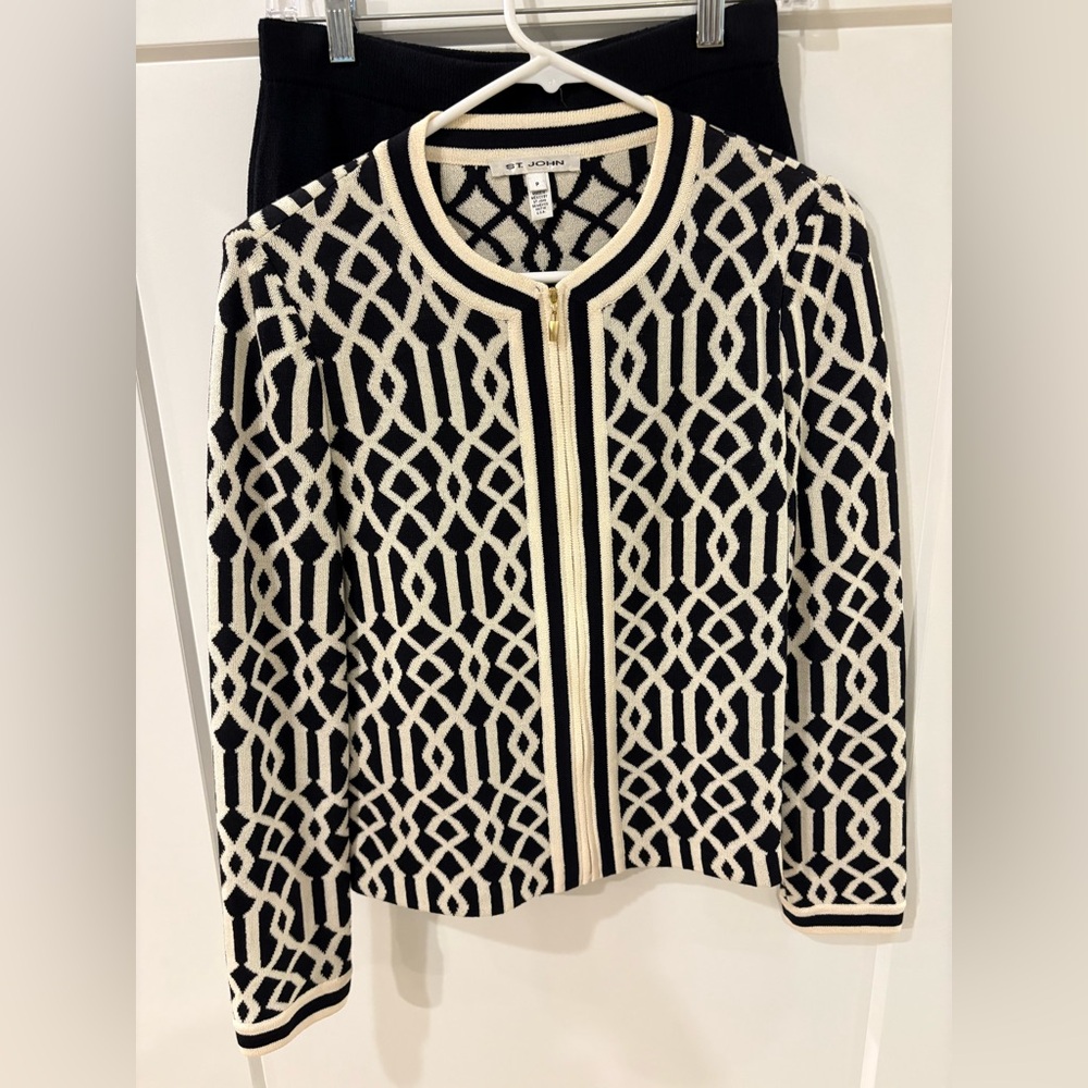 St. John Black and Cream Diamond Pattern Knit- top and skirt set.
